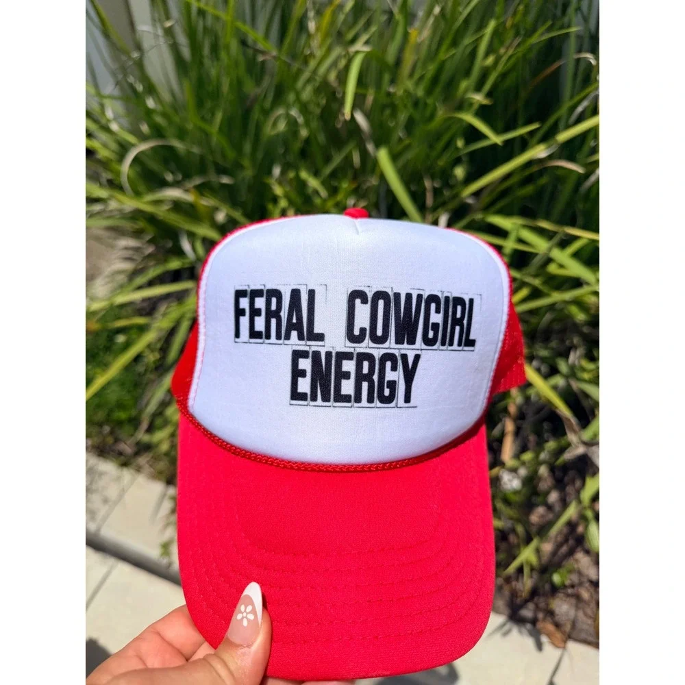 Feral Cowgirl Energy Red White Trucker Hat Mesh Snapback Baseball Cap